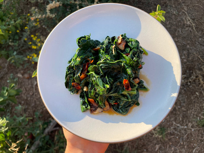Garlic, Chile, and Ginger Cooked Greens with Marjory Sweet